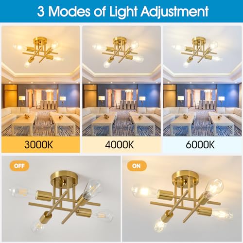 4-Light Modern Sputnik Chandelier, Mid Century Ceiling Light Fixture, Gold Black Semi Flush Mount Ceiling Lights for Dining Room Bedroom Foyer Hallway Kitchen Office (2 Pack)