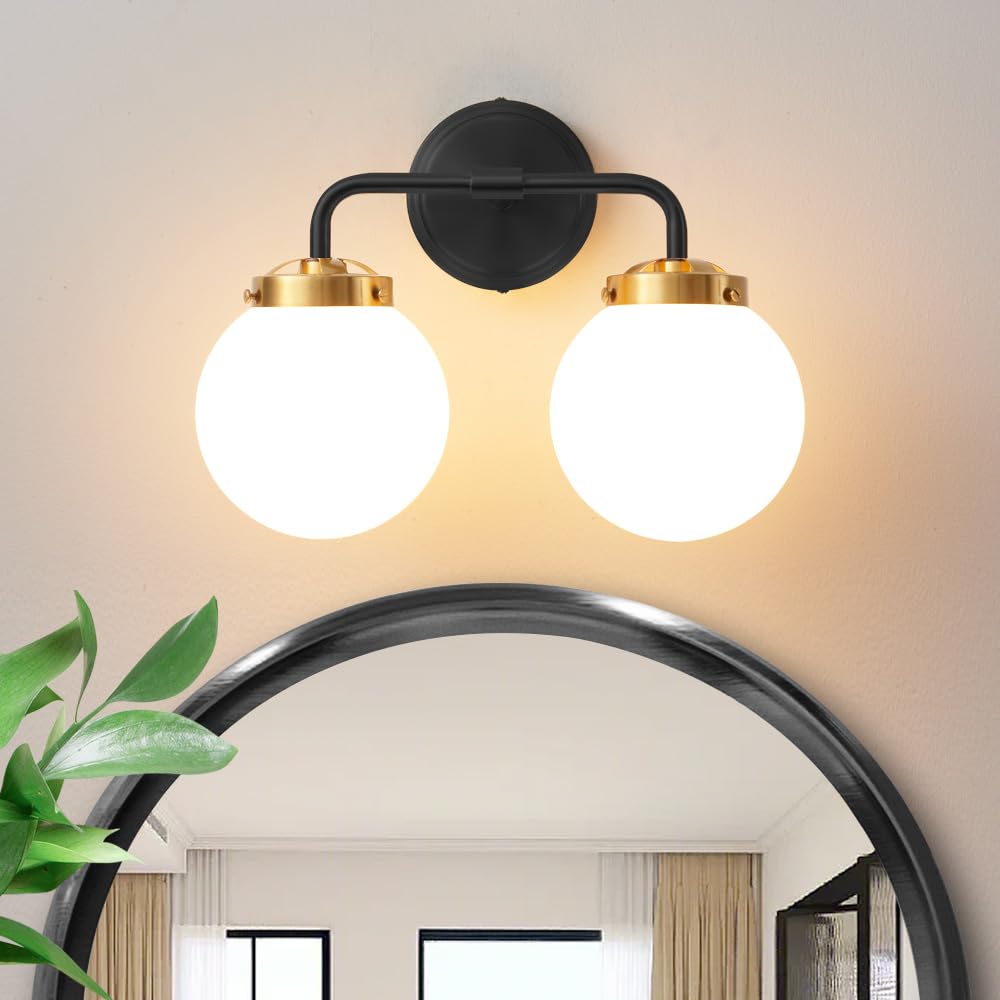 Black Gold Bathroom Light Fixtures Over Mirror, Modern Vanity Lighting with Milk White Glass Globe Shades 2-Light Farmhouse Wall Sconce