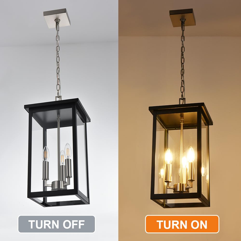 3-Lights Large Outdoor Pendant Lighting Clear Glass, Ceiling Porch Light Fxitures Adjustable Chain for Foyer Patio, Exterior Hanging Lantern Lamp, E12 Bulb Base, Black & Bruhed Brass