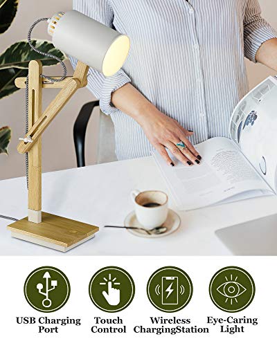 Industrial Table Lamp, Sapele Wood Desk Lamp with Upgraded Wireless Charger & USB C Port, Swing Arm Reading Task Light for Farmhouse, Dorm Office, Bedroom Livingroom, LED Bulb Included, Grey