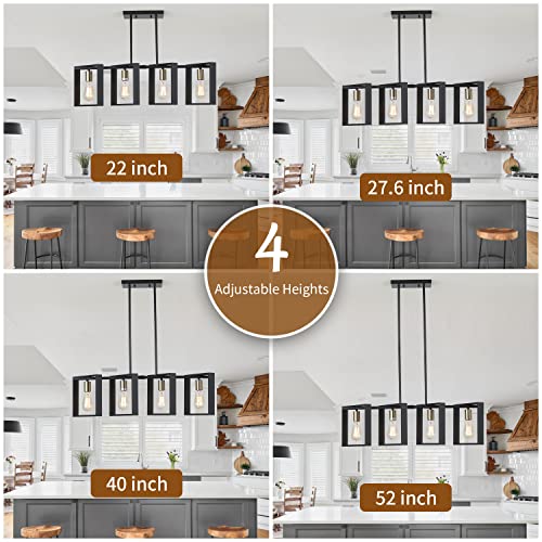 9MMML 3 Lights Kitchen Island Lighting, Modern Rectangle Linear Pendant Light, Black Frame+ Gold Socket Chandelier for Dining &Living Room Foyer Entryway Hallway,E26,Height Adjustable.