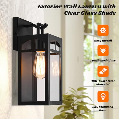 Outdoor Wall Lanterns, Exterior Waterproof Matte Black Wall Light Fixtures, Sconces Wall Lighting with Clear Glass Shade, Anti-Rust E26 Socket Wall Mount Lights for Porch Entryway Patio Garage, 2 Pack