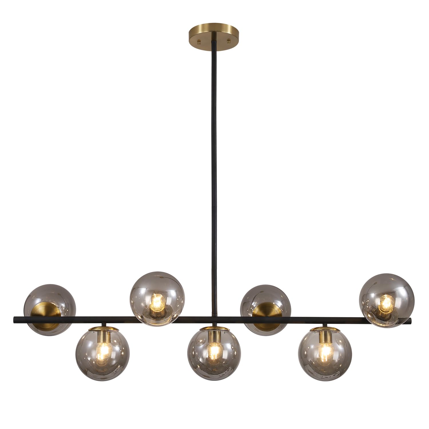 KCO Lighting Modern Brass Linear Chandelier Pendant Light 7-Lights Gold and White Glass Pendant Lighting Mid Century Globe Dining Light Fixture for Living Room Kitchen