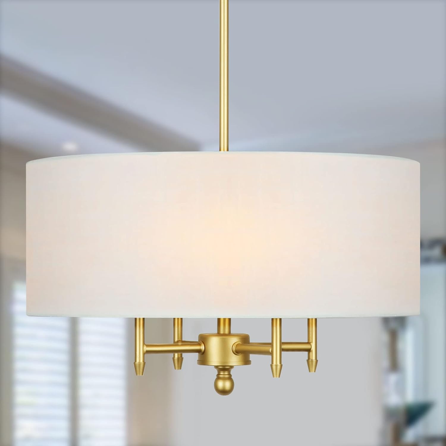 4-Light Chandelier Gold Modern Chandelier with White Linen Drum Shade 17.7" Drum Pendant Light Fixture for Dining Room Living Room Foyer Kitchen, Antique Brass