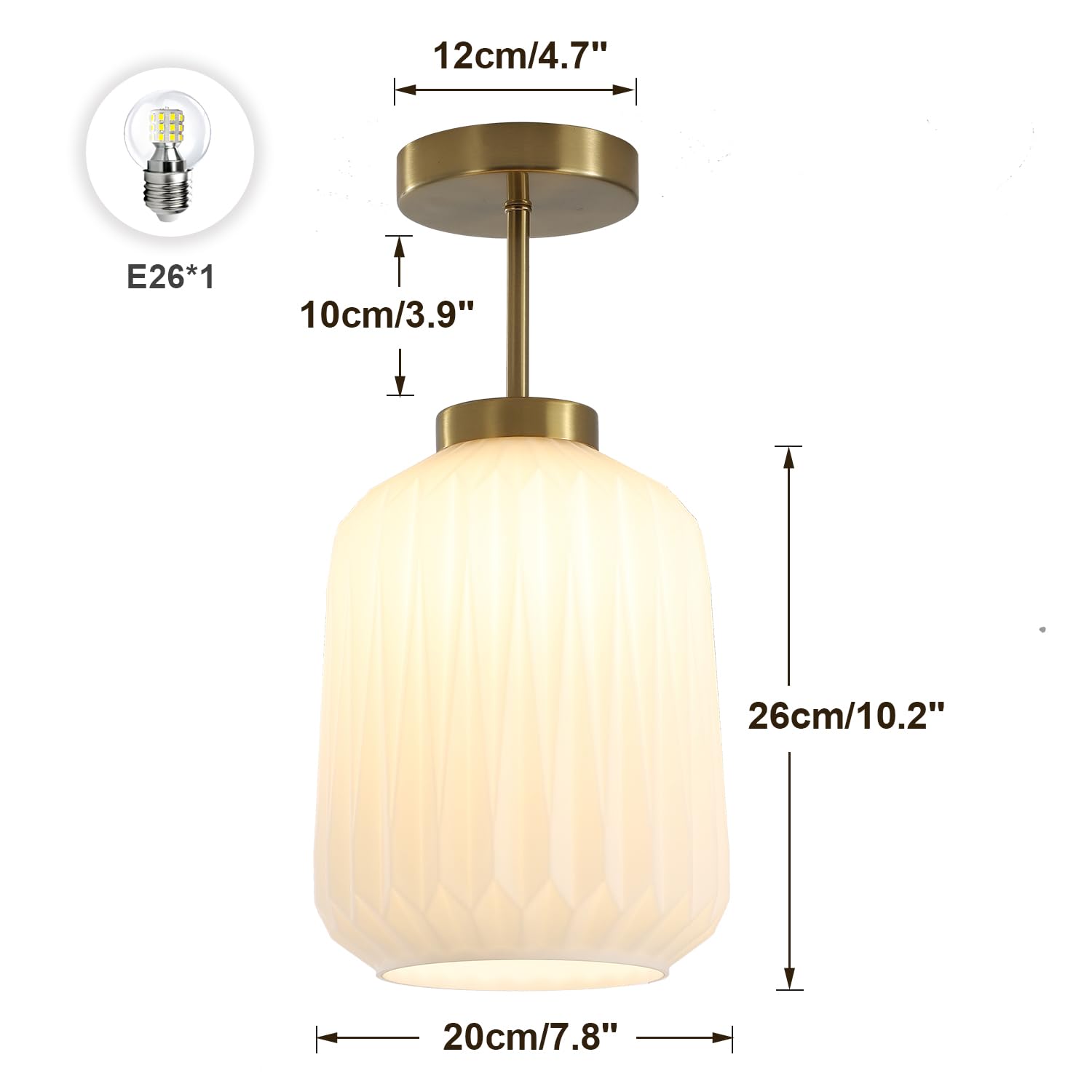 Semi Flush Mount Ceiling Light Mid Century Interior Ceiling Light with White Striation Glass Shade Gold Ceiling Light Fixture for Hallway Corridor Kitchen Bathroom