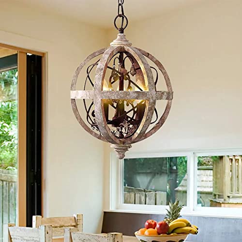 Rustic Retro Weathered Wooden Globe Metal Orb Crystal 5-Light Chandelier Candle Style Wood Pendant Light Fixtures (Medium)