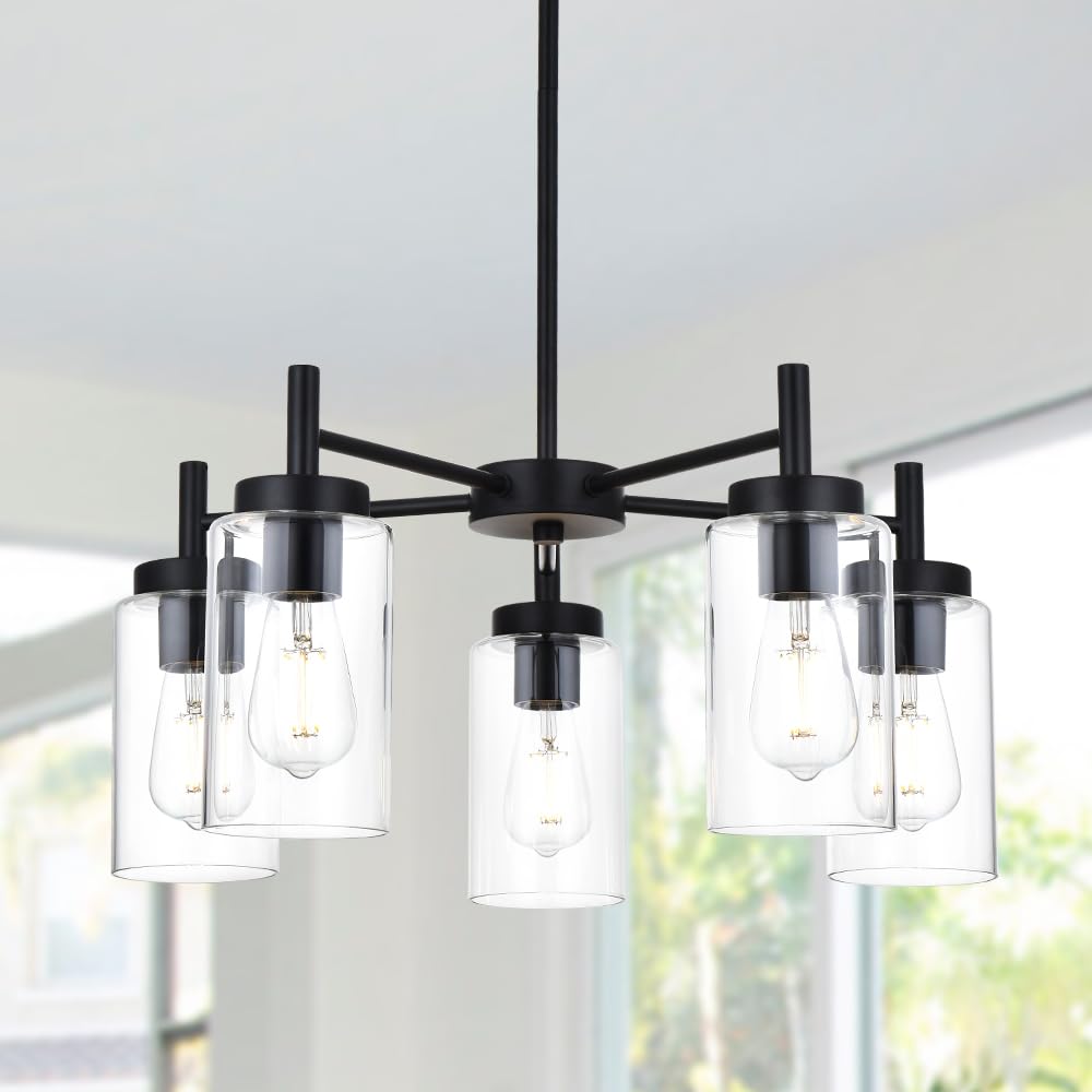 5 Light Contemporary Chandeliers Black Modern Lighting Fixtures Hanging,Industrial Vintage Pendant Lights with Clear Glass Shade Flush Mount Ceiling Light for Dining Room Bedroom