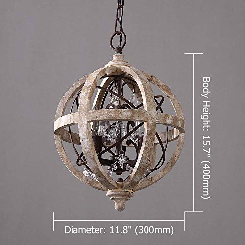 Rustic Retro Weathered Wooden Globe Metal Orb Crystal 5-Light Chandelier Candle Style Wood Pendant Light Fixtures (Medium)