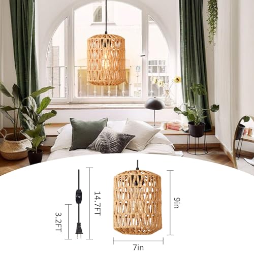 Plug in Pendant Light, Rattan Hanging Lights with Plug in Cord 15ft Dimmable Cord, Hand Woven Wicker Lampshade Hanging Lamp, Boho Plug in Hanging Ceiling Light Fixture for Farmhouse Bedroom White