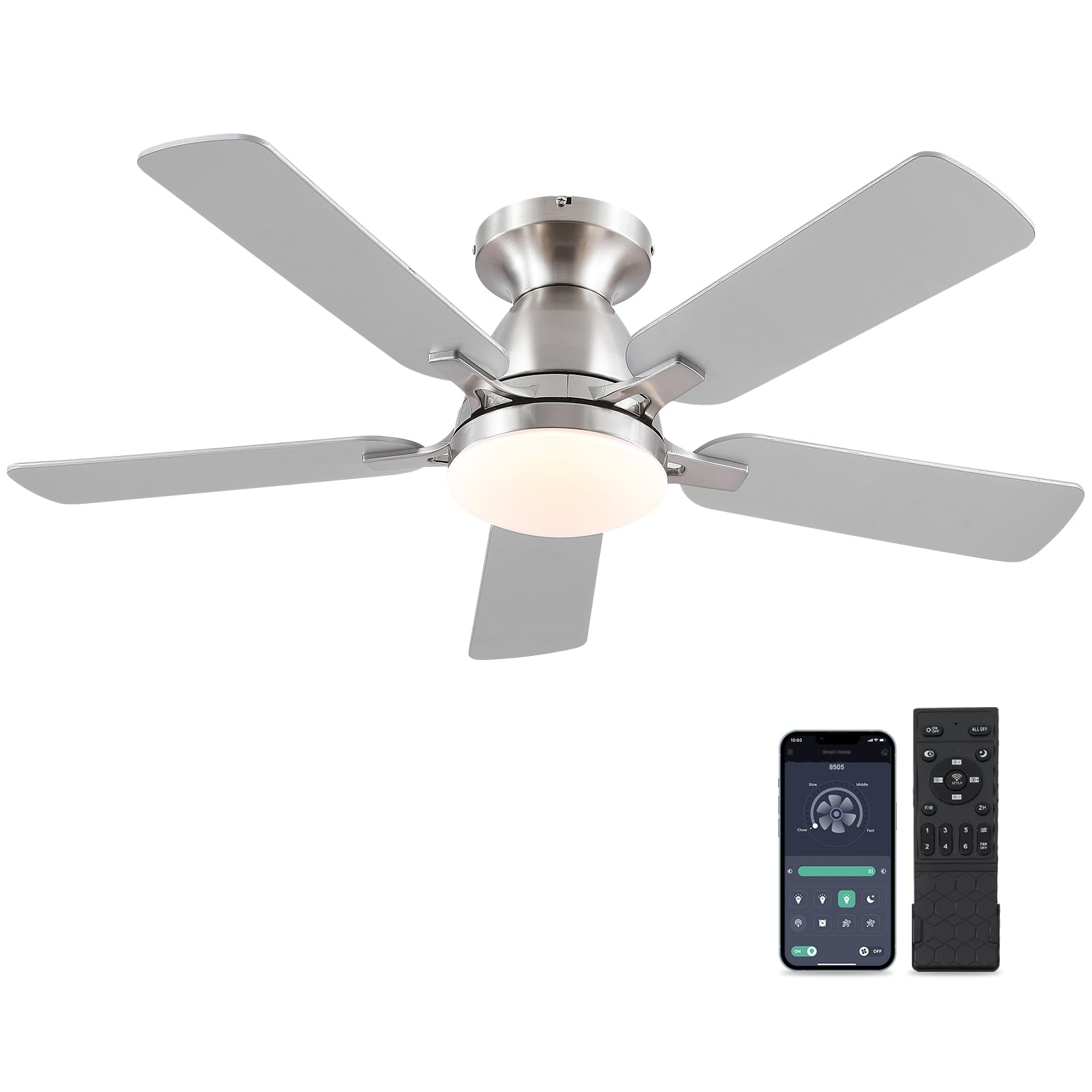 Ceiling Fans with Lights- 46"Low Profile Indoor Ceiling Fan with Light and Remote/APP Control, Flush Mount, LED Dimmable DC Reversible Modern Ceiling Fan for Bedroom（Black）