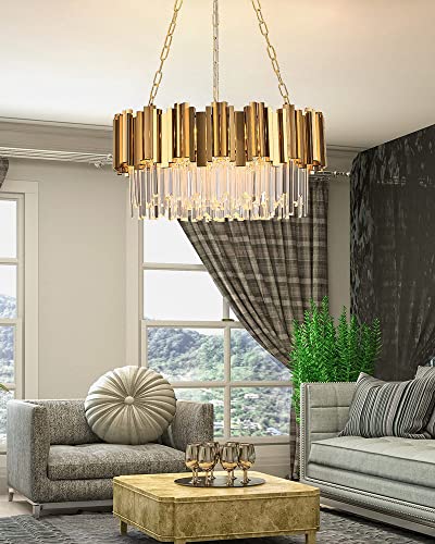 Modern K9 Crystal Pendant Lighting, Round Gold Crystal Chandelier Contemporary Luxury Pendant Ceiling Lighting Fixture for Dining Living Room Kitchen Island, Antique Gold