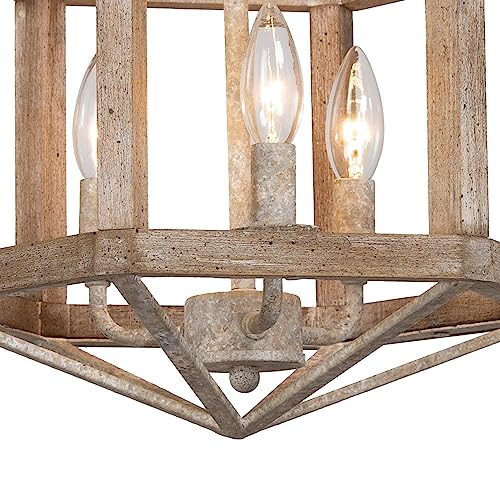 Farmhouse Wood Chandelier, 3 Light Rustic Mid-Century Lantern Wooden Chandeliers Hanging Light Fixture for Dining Room, Living Room, Bedrooms, Living Room, Entryway