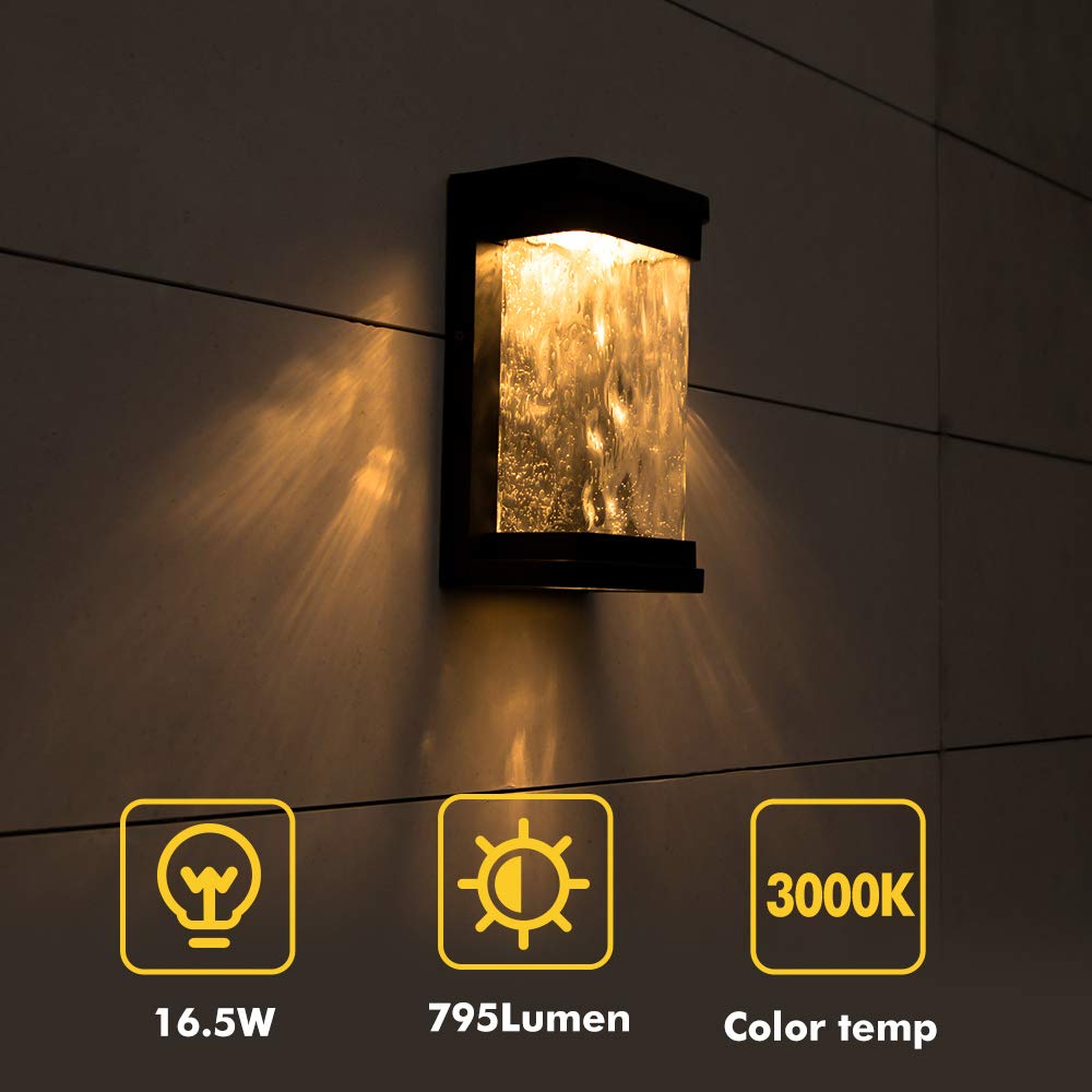 2 Packs 1000 Lumen 3000K LED Wall Light with Seeded Glass, Dusk to Dawn Modren Porch Light, Indoor Outdoor Sconce Wall Lighting