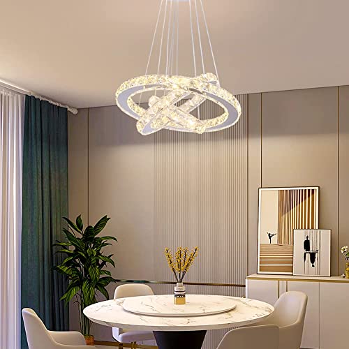 Modern LED Chandeliers Crystal Chandelier 3 Ring Round Pendant Lighting Adjustable Stainless Steel Ceiling Light Fixture for Living Room Dining Room Bedroom