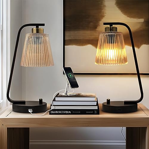 Bedside Table Lamps Set of 2, Amber Glass Lamps for Bedroom with USB Port, Vintage Brown Industrial Dimmable Farmhouse for Nightstand Living Room, 2×LED Bulbs Included