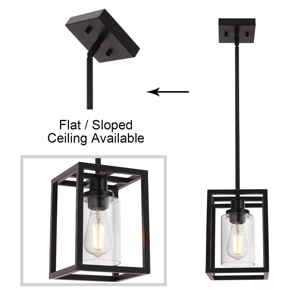 MELUCEE Black Chandeliers Rectangle 5 Lights Dining Room Lighting Fixtures Hanging Over Table, Kitchen Island Lighting Linear Pendant Light Ceiling with Clear Glass Shade and Brushed Brass Socket