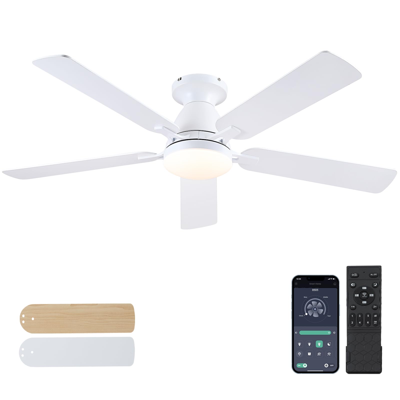 Ceiling Fans with Lights- 46"Low Profile Indoor Ceiling Fan with Light and Remote/APP Control, Flush Mount, LED Dimmable DC Reversible Modern Ceiling Fan for Bedroom（Black）