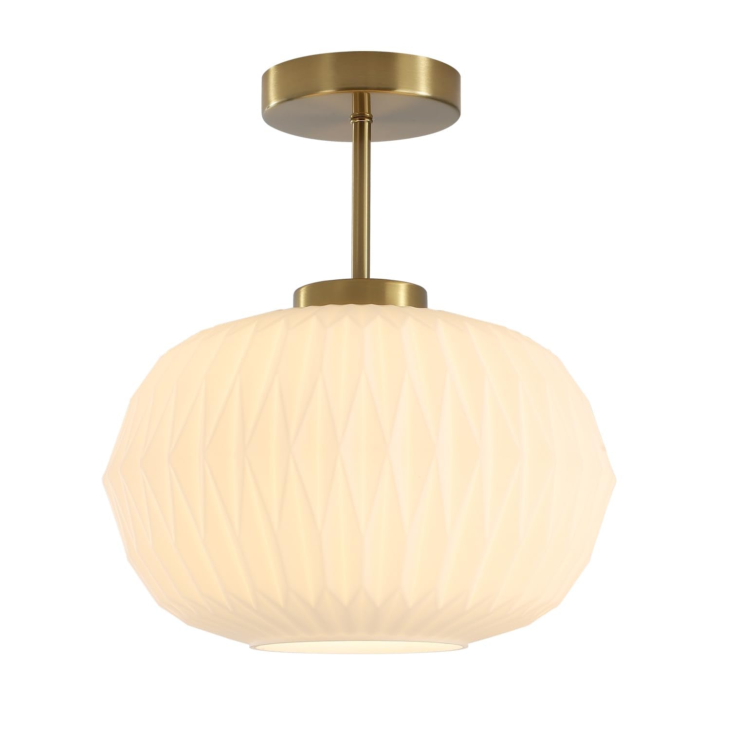 Semi Flush Mount Ceiling Light Mid Century Interior Ceiling Light with White Striation Glass Shade Gold Ceiling Light Fixture for Hallway Corridor Kitchen Bathroom