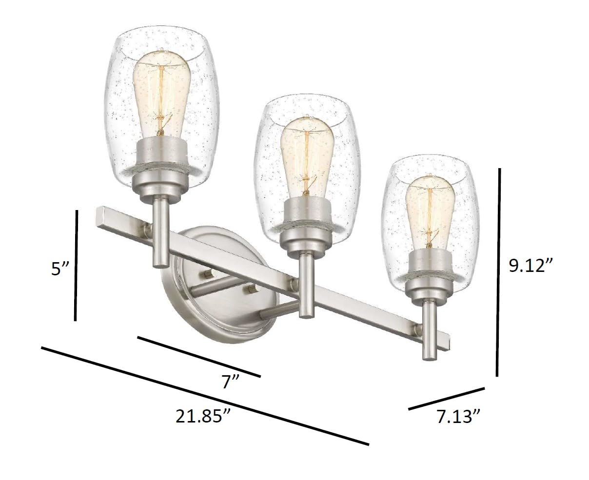 Farmhouse 3-Light Vanity Light Industrial Wall Sconce Lighting with Seeded Glass Shade in Brushed Finish for Bathroom, Hallway, Kitchen, Mirror, Laundry Room