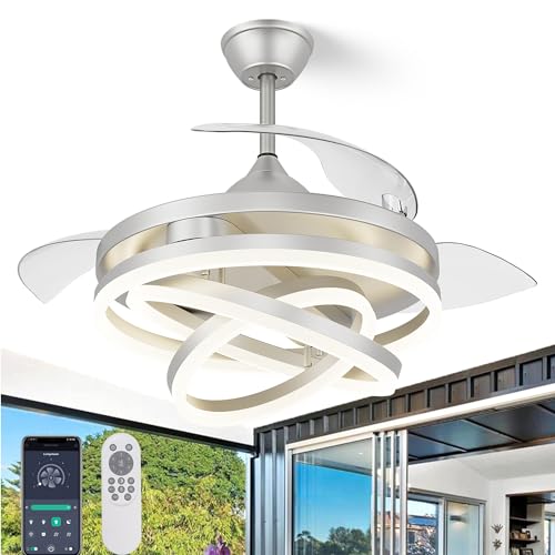 42 Inch Retractable Ceiling Fan, Chandelier Ceiling Fans with Lights, Silent DC Motor, 6 Speeds, 3 Color Changing for Bedroom Living Room (Gold)