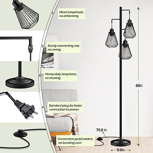 Industrial Floor Lamps for Living Room, Tree Standing Lamp with 3 Teardrop Cage Shades, 68" Modern Tall Lamps for Bedroom Office Home Light Decor, E26 Socket, Pedal Switch, Brass Gold