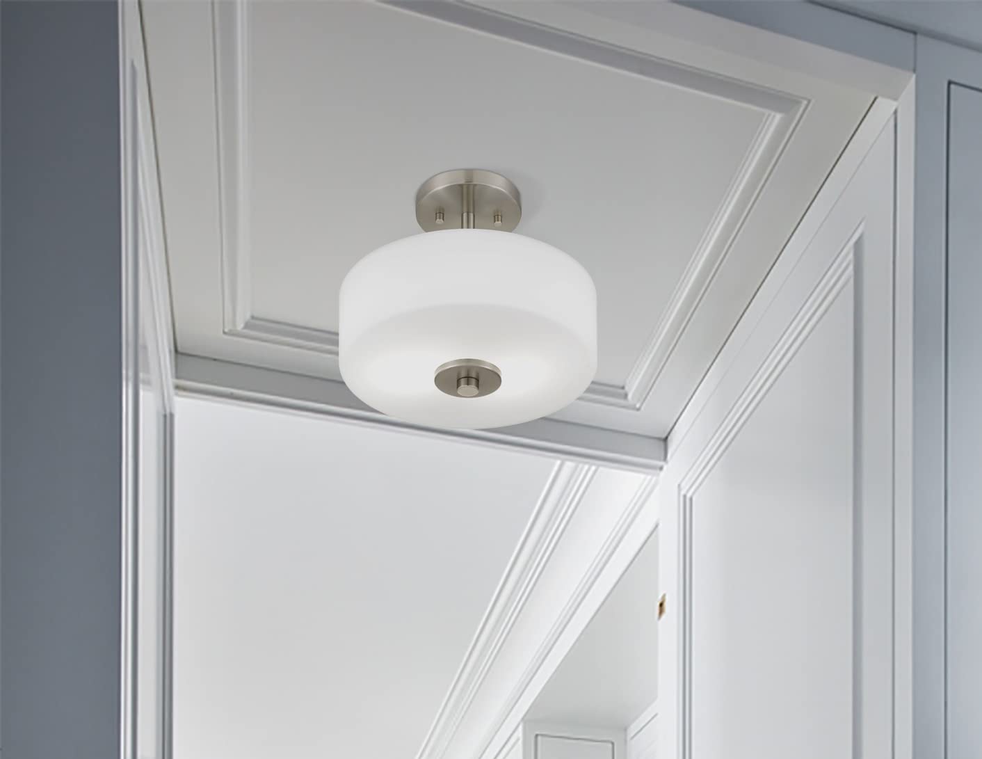 2-Light Semi Flush Mount Light with Etched Glass in Drump Shade Brushed Finish for Hallway, Entryway, Passway, Dining Room, Bedroom, Garage, Kitchen Island, Balcony