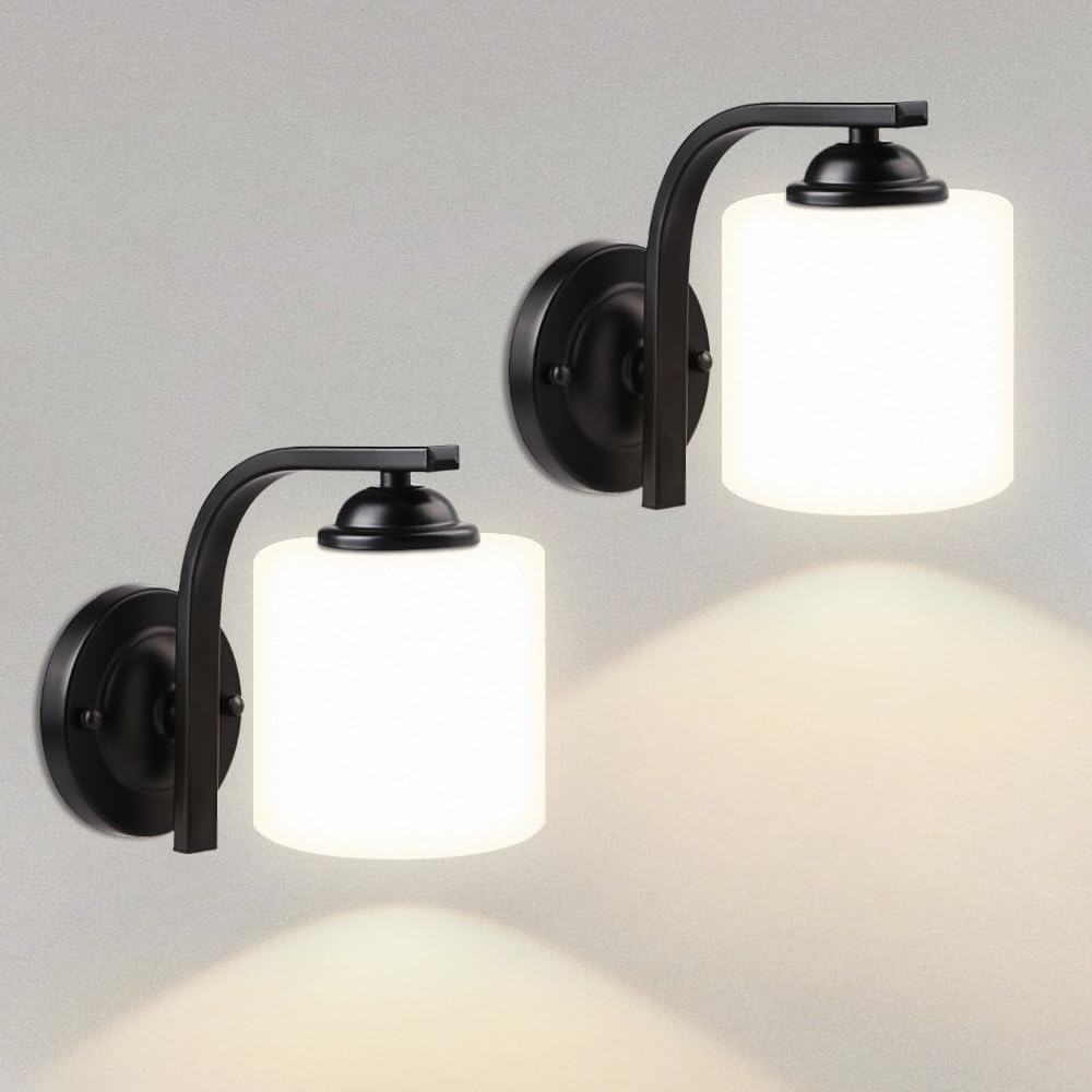 Wall Sconce 1 Light, Modern Wall Light Fixture, Bathroom Vanity Lights with Matte Black Wall Lamp for Bedroom Kitchen Hallway Porch, Milky White Glass Shades, E26 Socket, Bulbs Not Included