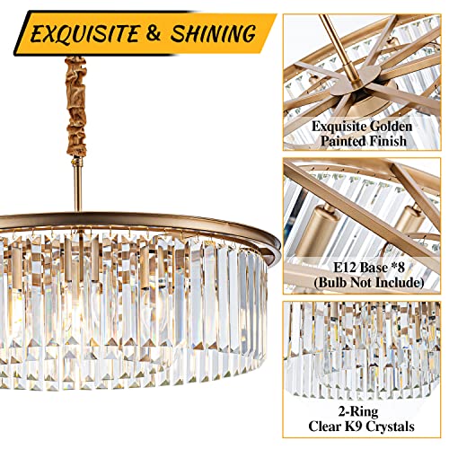 23" 8-Light Modern Crystal Chandelier Light Fixtures 2 Rings Gold Luxury Chandeliers for Dining Room Round Hanging Pendant Lighting for Living Room Kitchen Entryway Bedroom