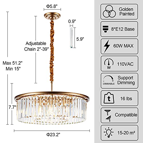 23" 8-Light Modern Crystal Chandelier Light Fixtures 2 Rings Gold Luxury Chandeliers for Dining Room Round Hanging Pendant Lighting for Living Room Kitchen Entryway Bedroom