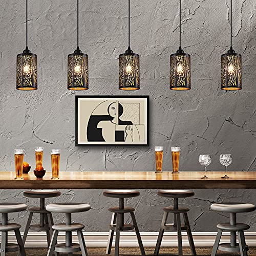 Industrial Black Pendant Light Fixture Vintage Mini Black Pendant Lighting with Gold Finish Rustic Hollow-Carved Small Pendant Light for Kitchen Island, Dining Room, Bedroom