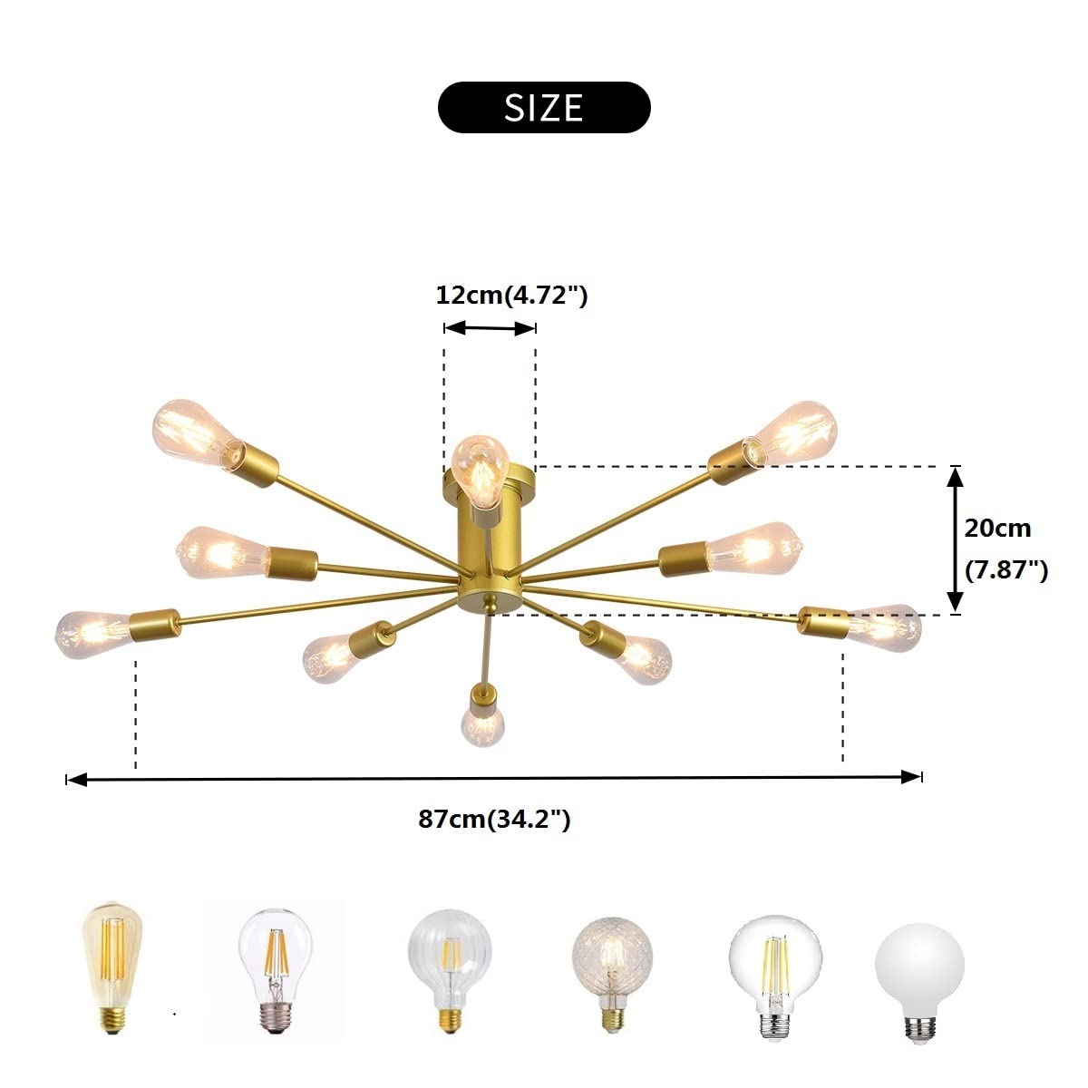 10 Lights Modern Sputnik Ceiling Chandelier Gold Industrial Ceiling Lamp Mid Century Semi Flush Mount Ceiling Light Fixture for Kitchen Dining Room Living Room Bedroom Foyer Lighting