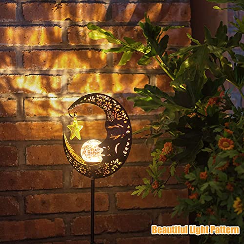 Solar Lights Outdoor Decor Moon Lantern for Patio,Lawn or Pathway Moon Decorations Crackle Glass Globe Stake Metal Lights Waterproof Warm LED Garden Gifts (Bronze)