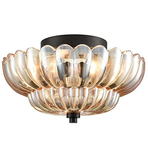 Modern Black Ceiling Light Traditional Semi Flush Mount Ceiling Light with Scalloped Clear Glass for Living Room Hallway Close to Ceiling Light Fixture