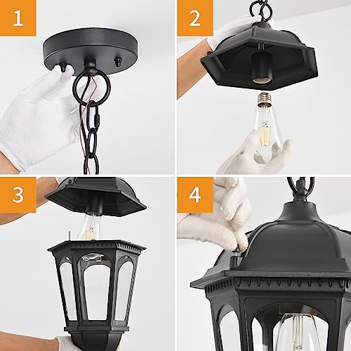 Large Outdoor Pendant Porch Light, 17.5''H Outdoor Hanging Lights, Waterproof Outside Chandelier Light, Black Exterior Hanging Front Lights with Clear Glass for Porch, Patio, Entryway