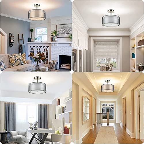 3-Light Semi Flush Mount Ceiling Light Fixture - Easric Modern Light Fixtures Ceiling Mount Drum Light Fixture with Double Fabric Shade Closed to Ceiling Lamp for Bedroom Kitchen Hallway Foyer, White