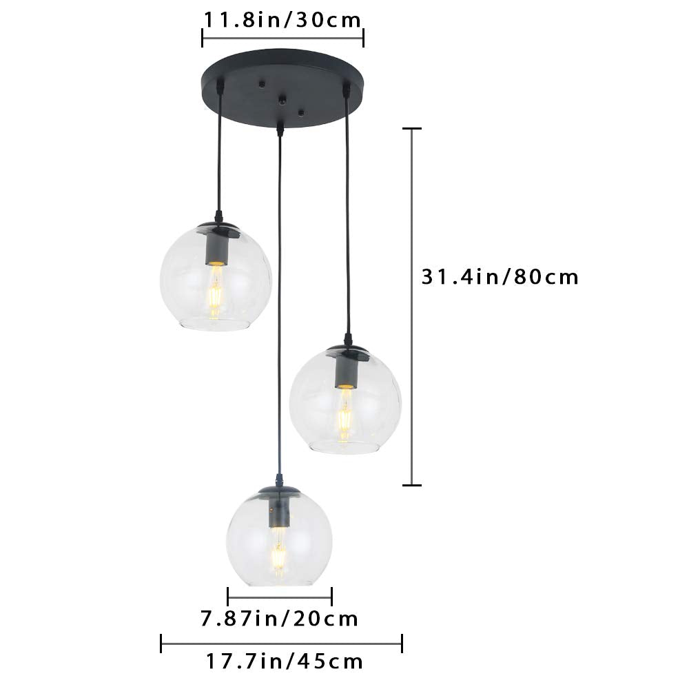 Globe Pendant Light, Modern Hanging Lighting Fixture, Classic Cluster Chandelier with Clear Glass Shades(Black, 3 Lights, 27.6 Inch)