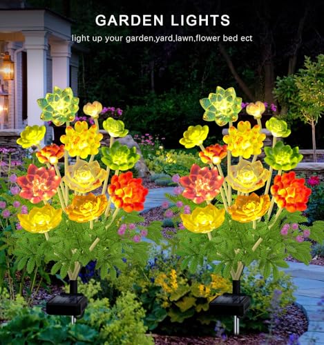 New Solar Lights Outdoor, 2 Pack Succulent Plant Lights for Outside, Waterproof Garden Decoration Lights for Yard Lawn Patio Balcony, Gardening Gifts for Mother's Day Women