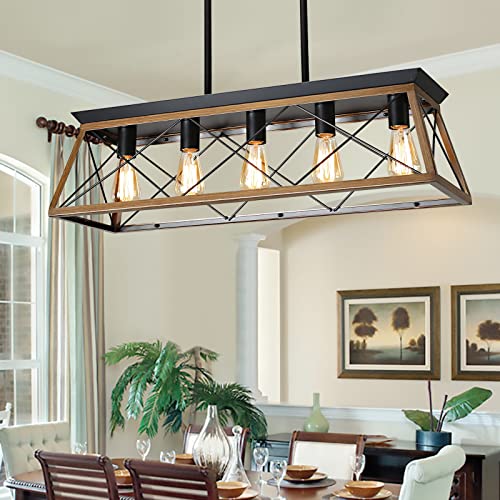 Farmhouse Chandeliers for Dining Room, Rustic Kitchen Island Light Fixture, 5-Light Linear Pendant Lighting Rectangular Chandelier, Metal Solid Ceiling Lights Black