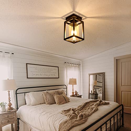 Semi Flush Mount, Bronze Metal Frame Ceiling Light Fixture with Clear Glass Shade, Farmhouse Light Fixture for Kitchen Island Entryway Porch Foyer Dining Room