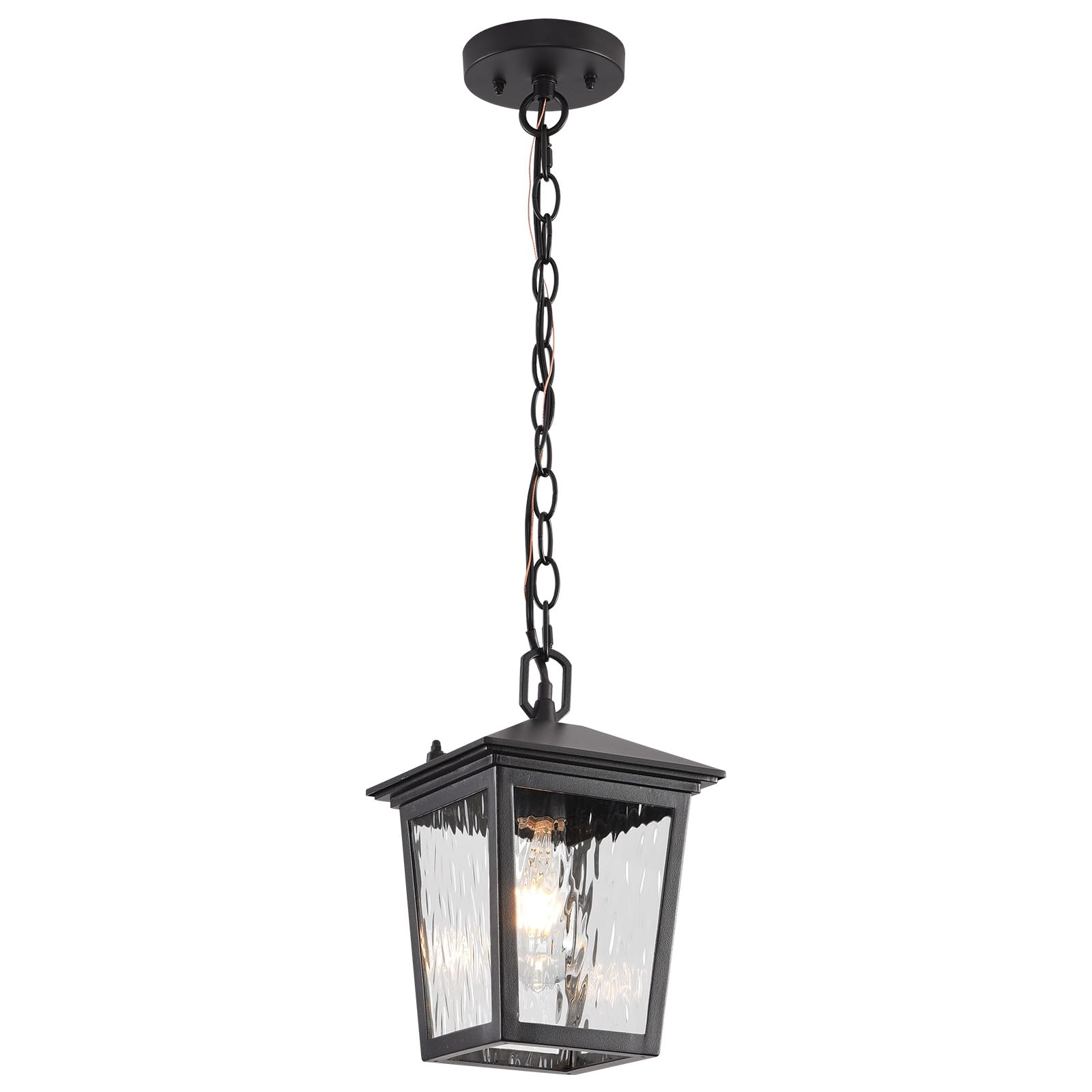 Outdoor Pendant Light, Black Outdoor Porch Light fixtures with Anti-Rust, Exterior Hanging Lantern, Height Adjustable Outside Chandelier with Water Glass for House Patio Garage