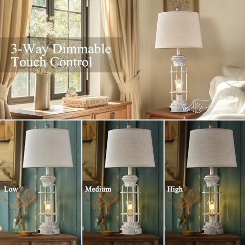 Farmhouse Table Lamp Set of 2 with USB Charging Ports, Tall Table Lamp for Living Room,3-Way Dimmable Lamps for Bedroom, Rustic Bedside Lamp, Industrial Nightstand Lamps,Bulbs Included