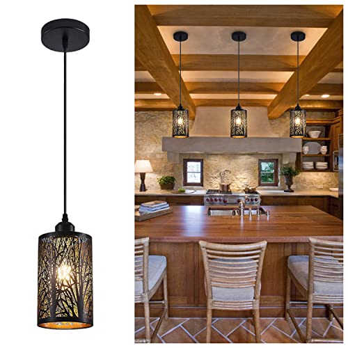 Industrial Black Pendant Light Fixture Vintage Mini Black Pendant Lighting with Gold Finish Rustic Hollow-Carved Small Pendant Light for Kitchen Island, Dining Room, Bedroom