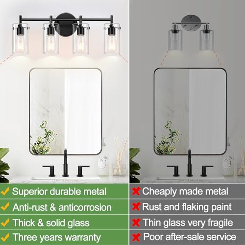 Bathroom Light Fixtures 2023 Upgrade, 3-Light Matte Black Bathroom Vanity Light, Black Bathroom Lights Over Mirror with Clear Glass Shade, Bathroom Wall Sconces for Mirror Bedroom Living Room Hallway