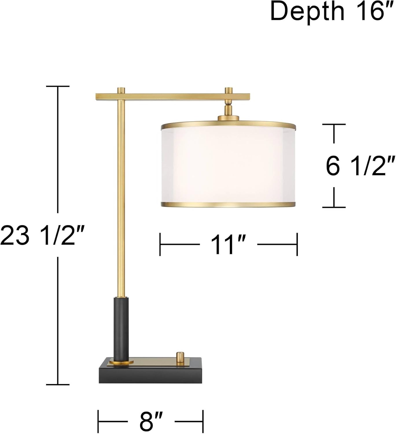 23 1/2" High Small Mid Century Modern Glam Luxe Desk Lamp with Dual USB Ports Black Warm Gold Metal Single Shade Home Office Living Room Charging Bedroom Bedside