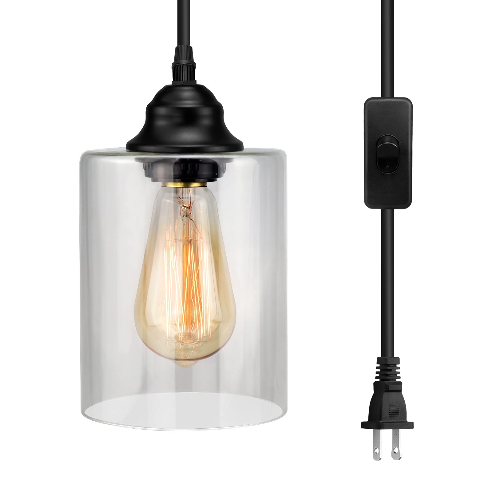 1-Light Plug in Pendant Glass Hanging Light, Industrial Mini Pendant Lighting with Glass Shade, Adjustable Farmhouse Hanging Lamp with plug in cord, Black Pendant Lighting for Kitchen Island