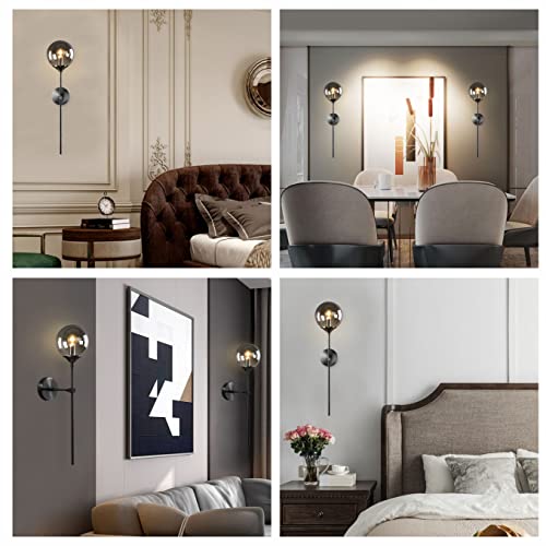 Lighting Modern Smoke Grey Glass Globe Black Matte Slim Wall Sconce Light with Long Arm Vintage Industrial Wall Sconce for Hallway, Stairs, Bathroom Mirror