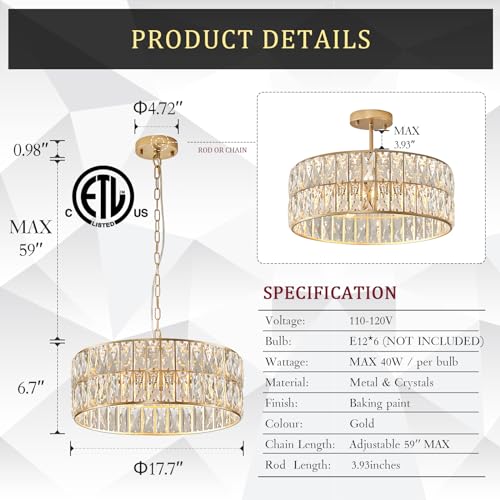 Gold Crystal Chandeliers, Modern Semi Flush Mount Chandelier 4-Ligh Drum Crystal Ceiling Pendant Light Fixture 12” for Foyer Entryway Kitchen Hallway Dining Room