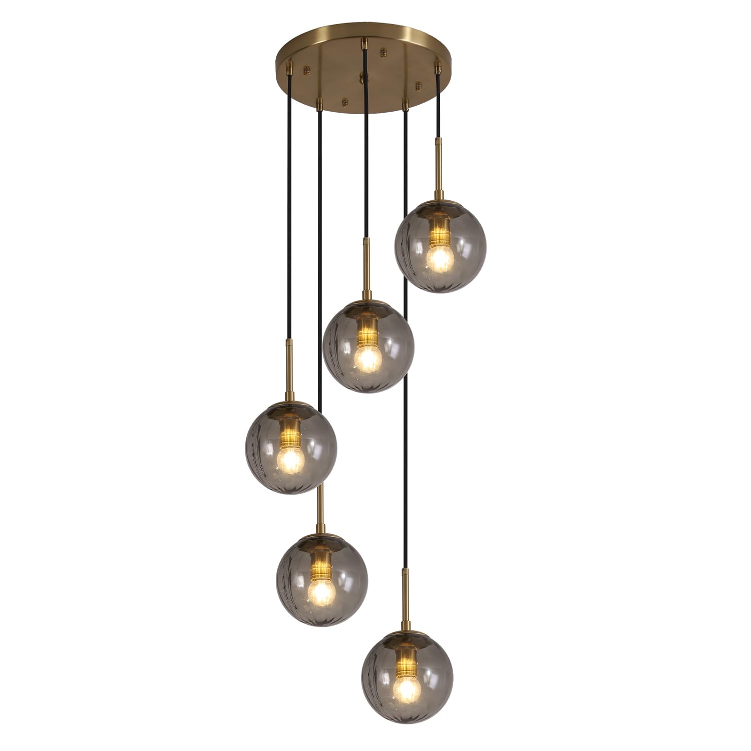 KCO Lighting Modern Gold 3 Light Hanging Pendant Light Large Smoke Glass Globe Cluster Chandelier Brush Brass Kitchen Island Light Fixture Nordic Multi Light Pendant Lighting