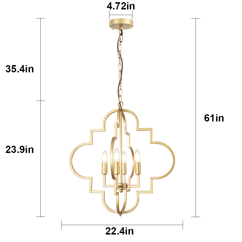 Orb Chandelier Lighting Gold 4-Light, Candle Style Geometric Dining Room Light Fixtures Hanging Foyer, Entryway, Hallway, Dining Room and Living Room, 22.4 inches Dia