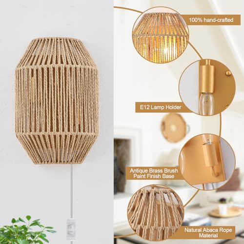 Natural Rattan Wall Sconce Set of 2, with Boho Woven Wicker Shade Antique Brass Brush Paint Finish for Vanity Stairway Fireplace Living Room Bedside Passway Hallway